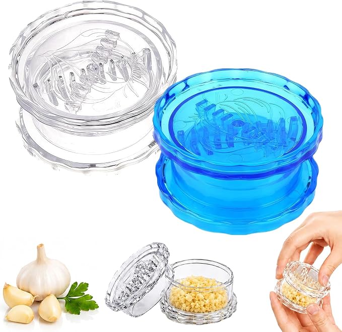 2PCS Manual Garlic Twister and Ginger Mincer Tool, Manual Garlic Twister and Mincer, Garlic Crusher, Garlic Grinder, Compact Garlic Mincer Tool, Ginger, Herbs (White + Blue)