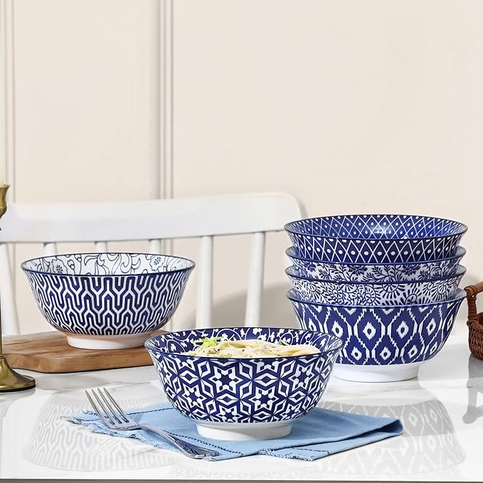 Selamica 7 inches Porcelain Cereal Bowl Set - Set of 6, Soup Bowls, Ceramic bowls for Cereal, Soup, Salad and Pasta, Vintage Blue