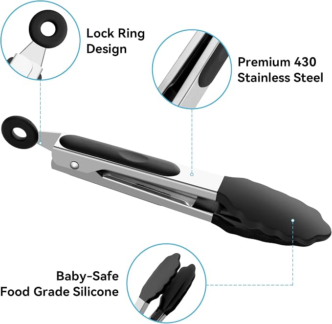 7-Inch Kitchen Tongs Set of 3, Cooking Tongs with Silicone Tips | For Cooking/Serving/Grilling | Heat-Resistant | Food-Grade Material | Dishwasher Safe | Black/White/Gray