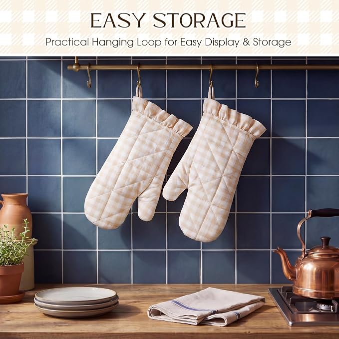 Twistover Checkered Oven Mitts 2-Pack Set, Cotton Gloves,Khaki | 13.5x6.5 Inch Size with Ruffle Trim, Non-slip Heat Resistant for Baking BBQ Microwave, Plaid Cotton for Cooking