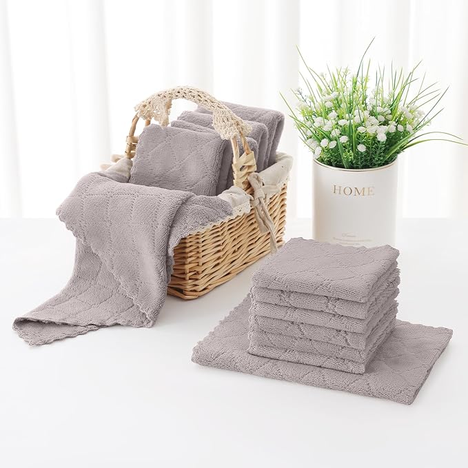 Homaxy Super Soft 12 Pack Kitchen Towels and Dishcloths Set, Grey | Ultra-Absorbent, 10 x 10 and 13 x 19 Inches, Coral Velvet, No Lint, Nonstick Oil, Fast Drying, Microfiber Cleaning Cloth