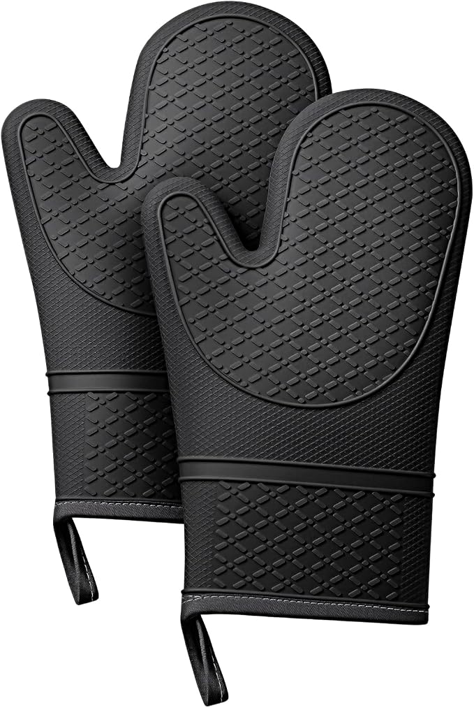 Heat Resistant Silicone Oven Mitts, Up to 500°F Protection for Baking & Grilling, 1 Pair (Black, Standard Thickness)