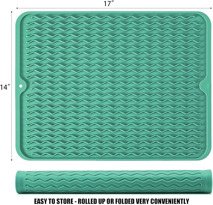 Silicone Dish Drying Mat, Non-Slip Easy Clean Sink Mat, Green, 17" x 14" | Quick-Dry Ridges, Large Heat-resistant Dish Drainer Mat for Kitchen Counter, Hangable & Roll-Up for Storage, Dishwasher Safe