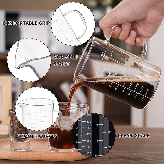 BCnmviku 500ML 2 CUP Glass Measuring Cup With Handle, High Borosilicate Glass Three Scales (OZ, Cup, ML/CC for Kitchen or Restaurant Easy To Read