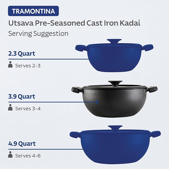 Tramontina Utsava Pre-Seasoned Cast Iron 3.9-Quart Kadai with Lid | Kadhai Pot for Indian Cooking