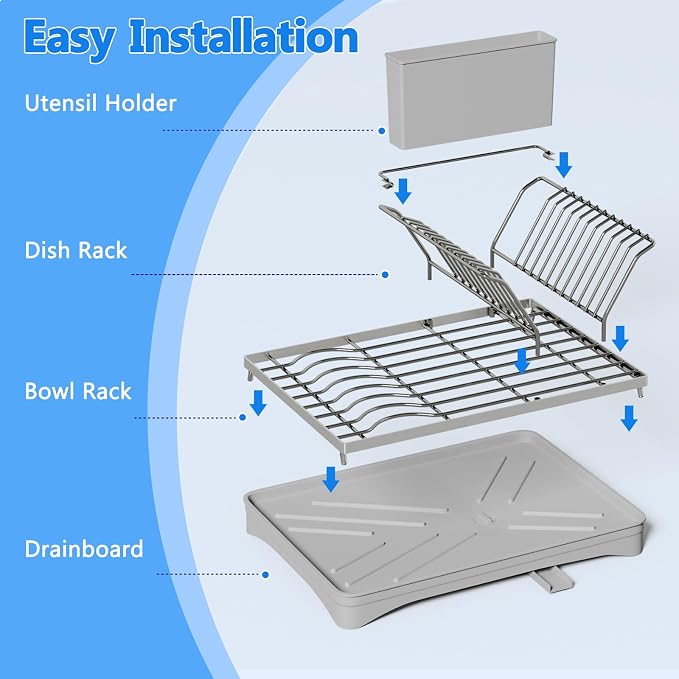 ANTOPY 304 Stainless Steel Dish Drying Rack for Kitchen Counter, Gray | Rustproof Dish Drainer with Removable Cutlery Holder, Self-Draining Drainboard, Compact Kitchen Drying Rack, 16.5''Lx11.8''W