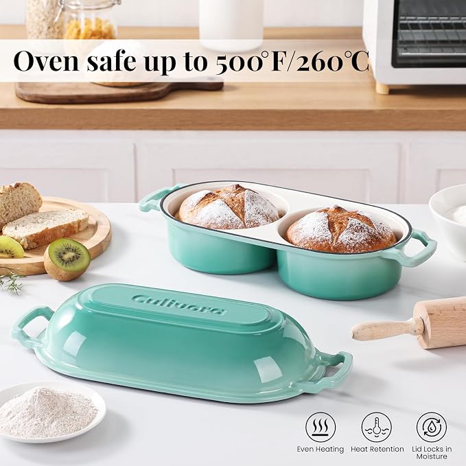 Cast Iron Bread Pan with Lid, Mini Enamel Sourdough Baking Dutch Oven Pot, Double Round Loaf Space for Homemade, Bread, Cake, Meatloaf, 16.5cm Diameter, 500°F Oven Safe, Non Stick, Green