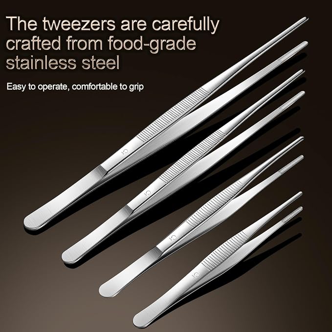 Aniso Long Tweezers, Stainless Steel, 12 Inches | Precision Serrated Tip, Cooking Tweezers Tongs， For Barbecue, Hand-Made，Steaks, Bread, Pizza, Salads