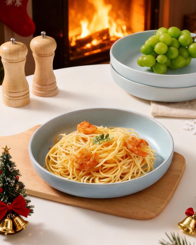 famiware Milkyway 33 oz Pasta Bowls Set of 6, Light Blue | Double Reactive Glaze, Scratch-Resistant Stoneware Salad Bowls, Stackable, Dishwasher & Microwave Safe, Lead-Free