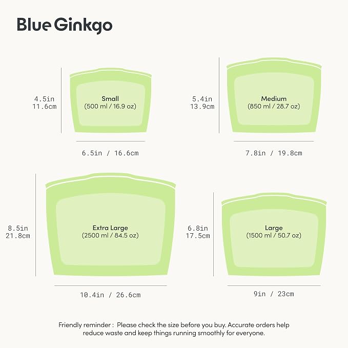 Blue Ginkgo Silicone Food Storage Bags, 4-Pack, Reusable, Made in Korea | Leakproof. Stand Up. Freezer and Dishwasher Safe. (Olive Green)