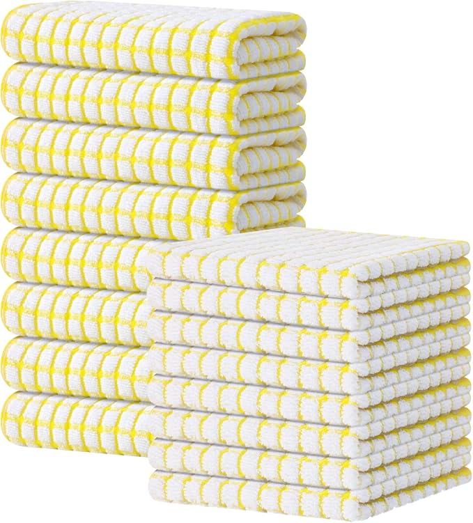 Kitinjoy Cotton 16 Pack Kitchen Towels and Dishcloths Sets, Yellow | 16 x 25 Inch & 12 X 12 Inch Dish Towels Bulk, Super Soft and Absorbent hand towels for kitchen Drying