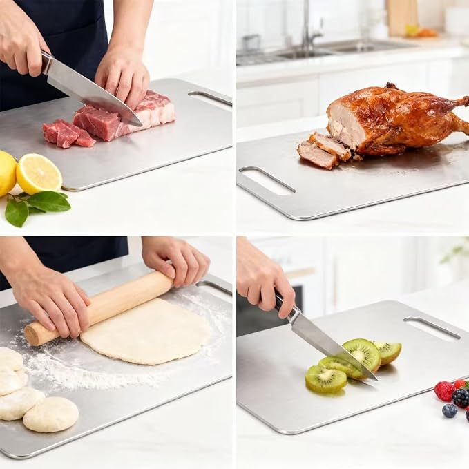Large Stainless Steel Cutting Board 18"x13", 1.5mm Thick Heavy Duty Large Rectangular Kitchen Board with Handle, Double Sided for Meat Vegetable Fruit