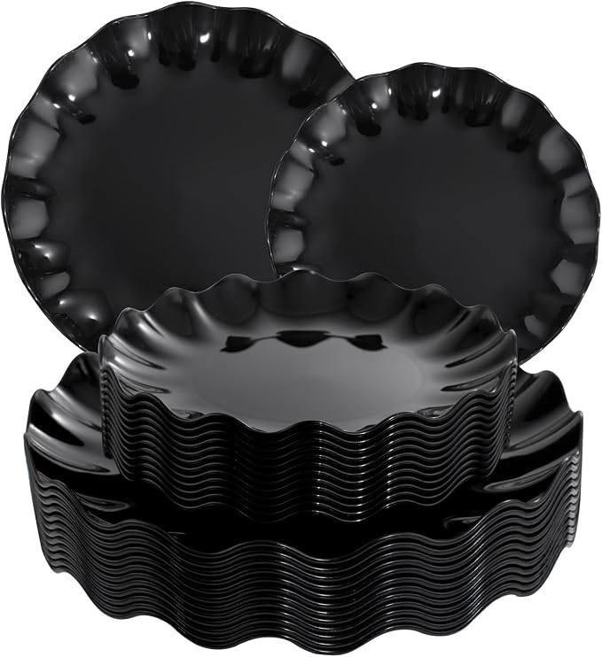 LIYH 24 Pcs Black Reusable Plastic Plates – Unbreakable Camper Dishes, Dishwasher Safe Dinner Plate Dessert Plates, Scalloped Design - Ideal for Parties, Picnics 12Guests