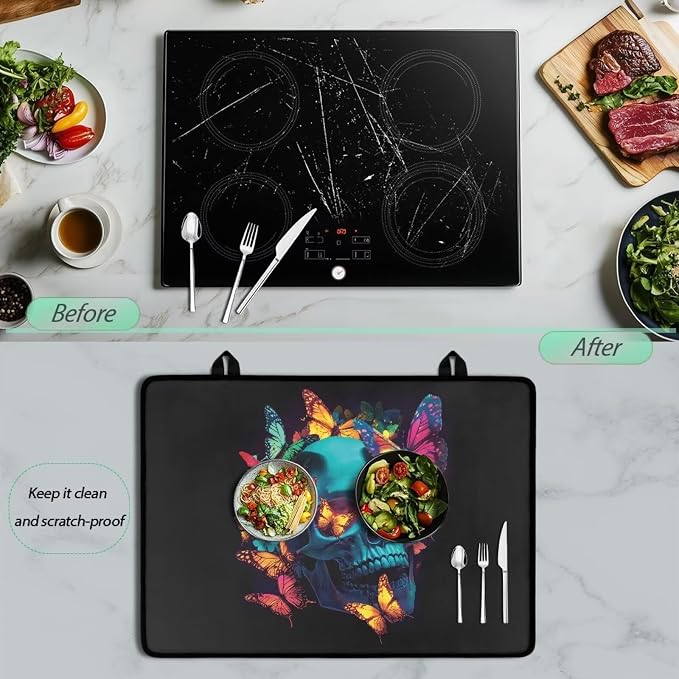 Groovy Skull Colorful Butterfly Print Stove Top Covers for Electric Stove Dish Drying Cooktop Cover Anti-Slip Stovetop Protector Range Covers for Glass Top Stove, 29.18 x 20.96 inch