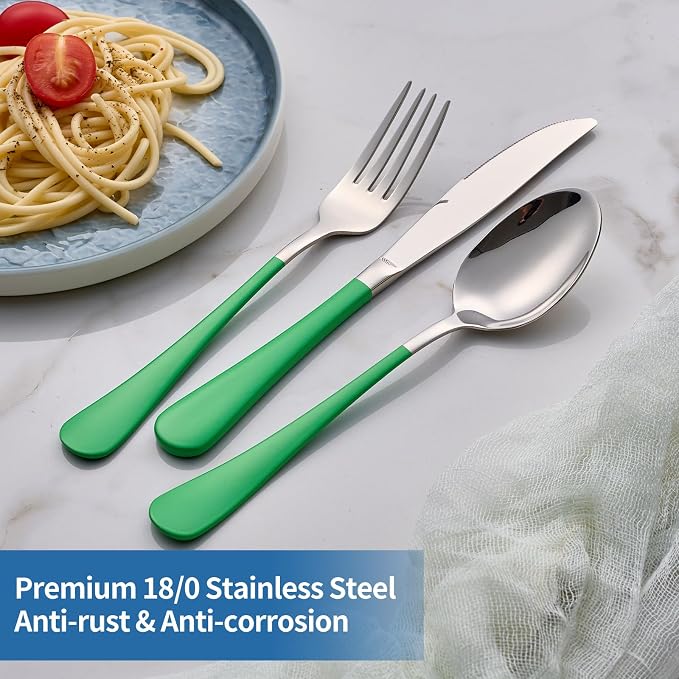 20-Piece Green Silverware Set, 18/0 Stainless Steel Green Handle Flatware Set, Service for 4, Modern Cutlery Set Includes Dinner Knives Forks Spoons, Mirror Polished, Dishwasher Safe