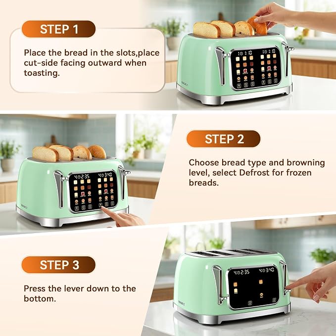RONGBEST Retro Stainless Steel Toaster 4 Slice with Wide Slot Touch Screen, 6 Browning Levels for Breakfast Bagel & Bread, Reheat & Defrost, Removable Crumb Tray, Mint Green