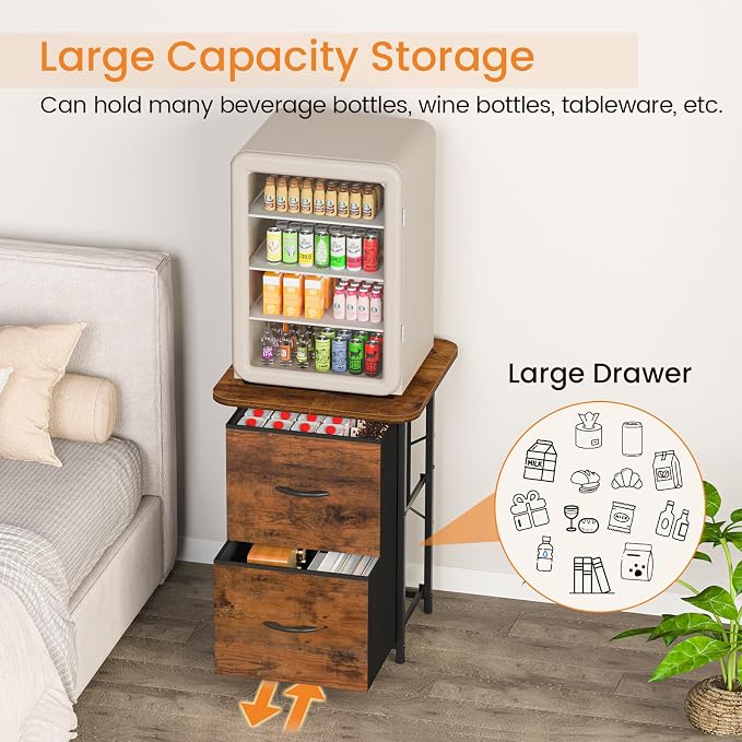 Snughome Mini Fridge Stand with Storage, Mini Fridge Cabinet Small Refrigerator Table Stand with Drawers, Heavy Duty 220 LBS, Compact Beverage Cooler Rack Shelf for Dorm, Apartment, Office Coffee Bar