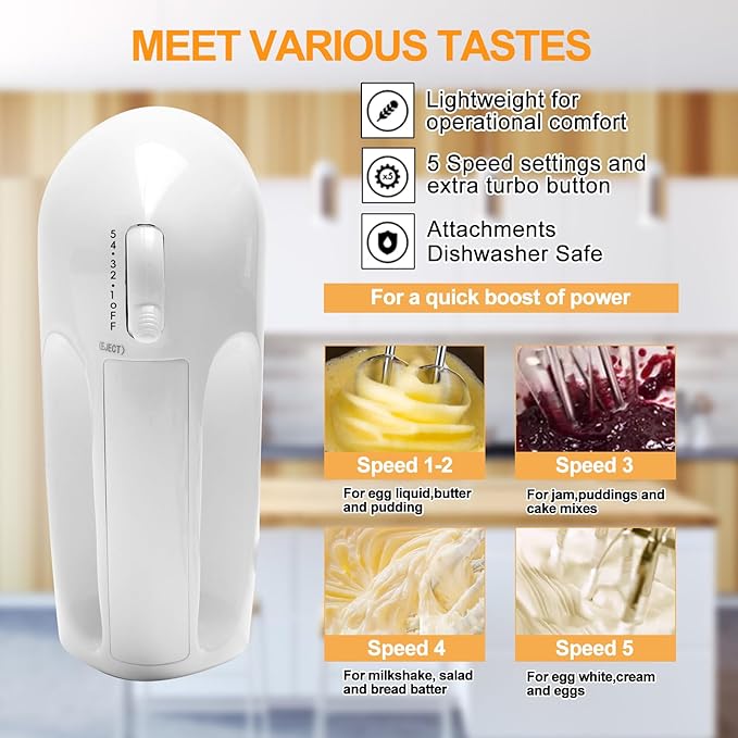 WEPSEN 5-Speed Electric Hand Mixer, 4 Large Mixing Bowls Set, Handheld Mixers with Whisks Beater, Stainless Steel Metal Nesting Bowl Measuring Cups Spoons Kitchen Cake Blender for Baking Supplies