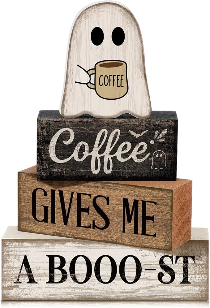 Lineshading 4 Pcs Halloween Tiered Tray Decor, Wooden Ghost Coffee Blocks | Rustic Farmhouse Table Decorations, Stackable Wood Blocks with Boo-st Coffee Theme, Gift for Home Kitchen Seasonal Display