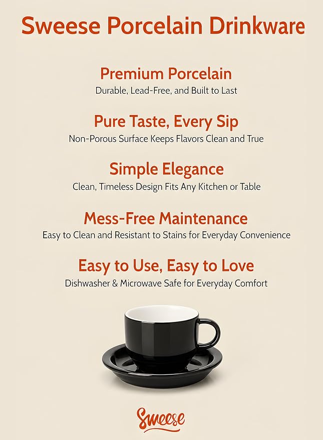 Sweese 8 Ounce Stackable Cappuccino Cups with Saucers and Metal Stand,Black | Porcelain Cappuccino Cups Set of 4 for Specialty Coffee Drinks, Cappuccino, Latte, Americano, Cafe Mocha and Tea