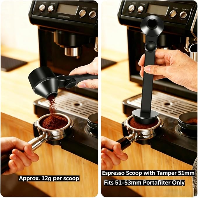 2 Pcs Coffee Scoop & Funnel for Reusable K-Cup Pods, 2Tbsp Dosing Spoon, 51mm Espresso Tamper, BPA-Free PCTG, Dishwasher Safe, Fits Espresso Machines, For Coffee & Protein Powder, Black, 2 Models A&B