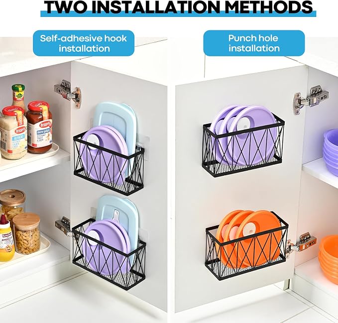 3 Pack Cabinet Organizer - Adhesive Lid Organizer Slim Space Wall Mounted Inside Cabinet Door Storage for Kitchen, Bathroom, Pantry, Under Sink