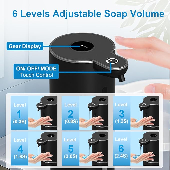 OHIFAST Automatic Liquid Soap Dispenser Touchless, USB Rechargeable Smart Hand Soap Dispenser, 6-Level Adjustable, 12.8oz/380mL, Compatible with Thick Thin Dish Soap for Bathroom Kitchen-Black