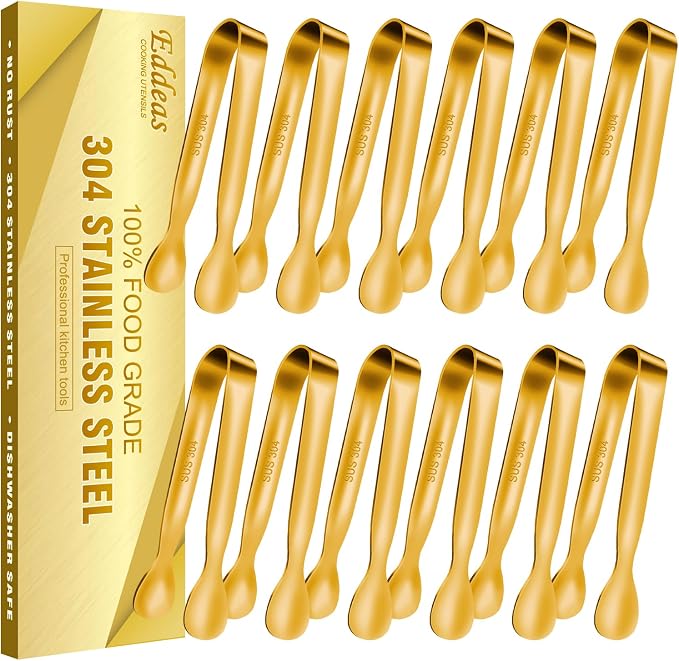 EDDEAS 12 PCS Small Serving Tongs, 4.3" Mini Gold Tongs, Gold Kitchen Tongs for Serving Food, Coffee Bar, Tea Party, Desserts Party and Ice Bucket
