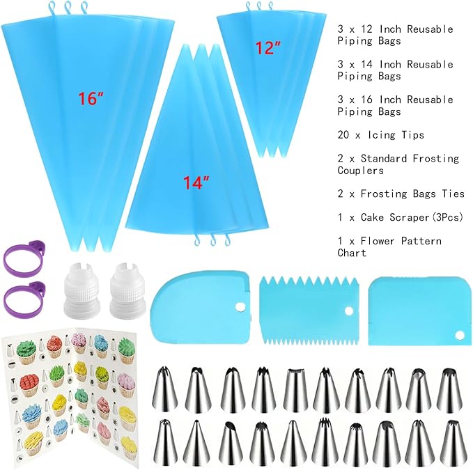 Reusable Piping Bags and Tips Set - Silicone Pastry Bags 3X (12’’+14’’+16’’) with Icing & Frosting Tips for Cake Decorating, Cupcakes, Cookies, Deviled Eggs, and Baking Accessories, Baking Tools Kit