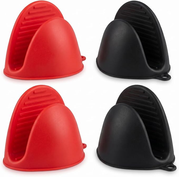 Silicone Cooking Pinch Grips Oven Mitts - Mini Finger Protector Pot Holder for Kitchen,Cooking,Baking,BBQ - Heat Resistant Gloves, 2 Pairs (Black and Red)