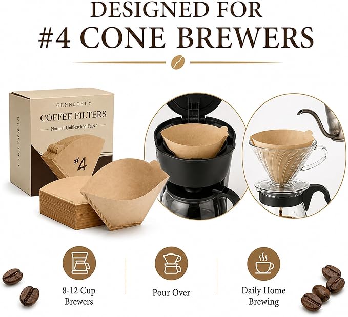 100 Count Coffee Filters #4 Cone, Unbleached Paper for 8-12 Cup Brewers | 100 count value, #4 Size, Unbleached Paper, Fine Filtration, Smooth Brew, Drip & Pour Over Compatible