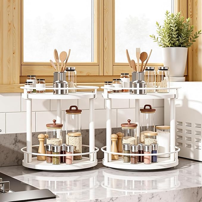 Spice Rack, Set of 2 Lazy Susan Organizer, 2-Tier Turntable Organizer For Cabinet, Compact and Versatile, for Kitchen Countertop, White SR22L2WW
