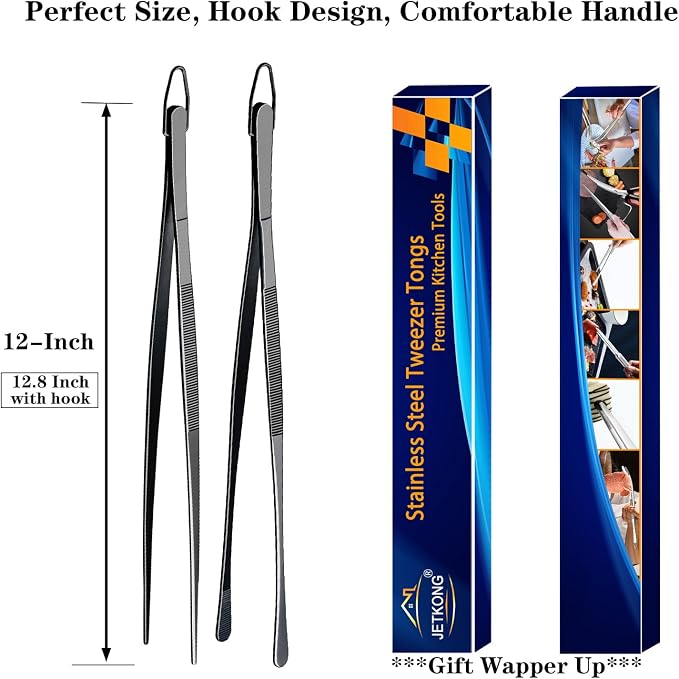 JETKONG 2 Pcs 12-Inch Food Tweezer Tongs, Stainless Steel Kitchen Tweezer Cooking Tweezers (Black)
