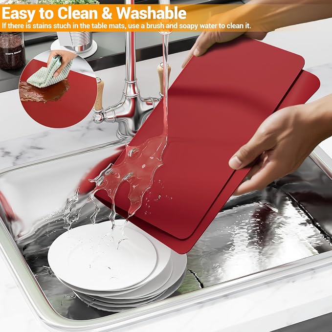 2-Pack Silicone Counter Mats 24”x16”,Red | 1.5mm thick silicone counter protector, heat resistant & non-slip. Works for air fryer, hot pots, pans and coffee maker.