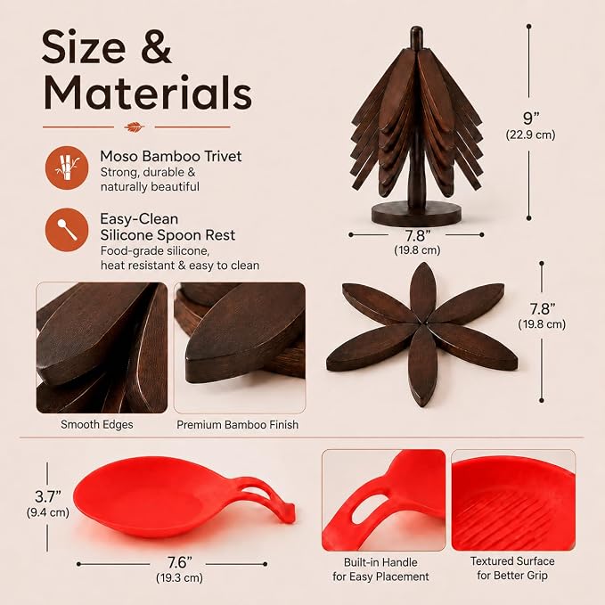 MINARAI-Wooden Trivets for Hot Dishes,5-Pads,Silicone Spoon Holder Included | Protects Countertops From Hot Pots, Pans And Teapots. Top Holiday Gifts