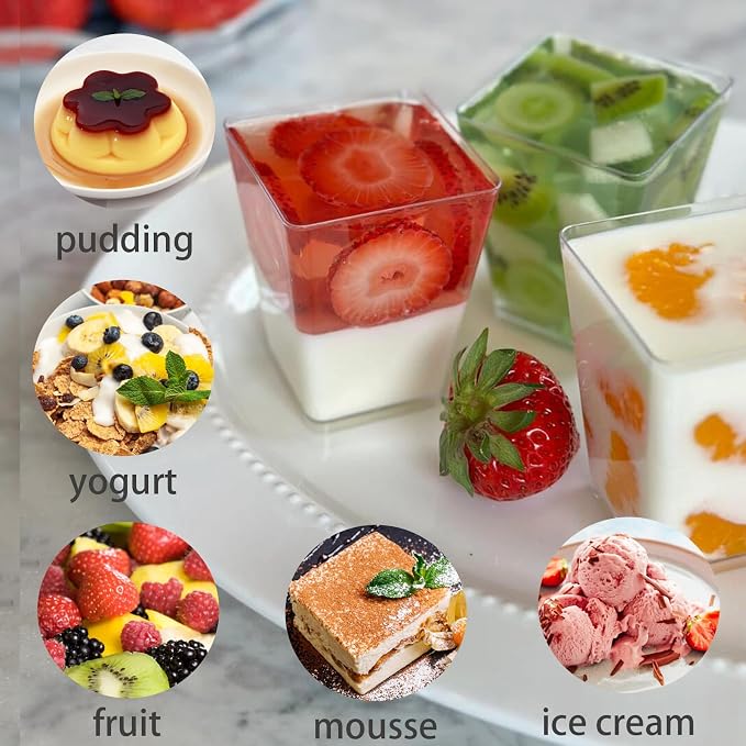 Hiasobre 5 oz Plastic Dessert Cups with Lids and Spoons, 100 Pack | Clear Reusable Square Mini Parfait Appetizer Cups, Shooter Serving Cups, Party Dessert Shot Glasses for Tasting