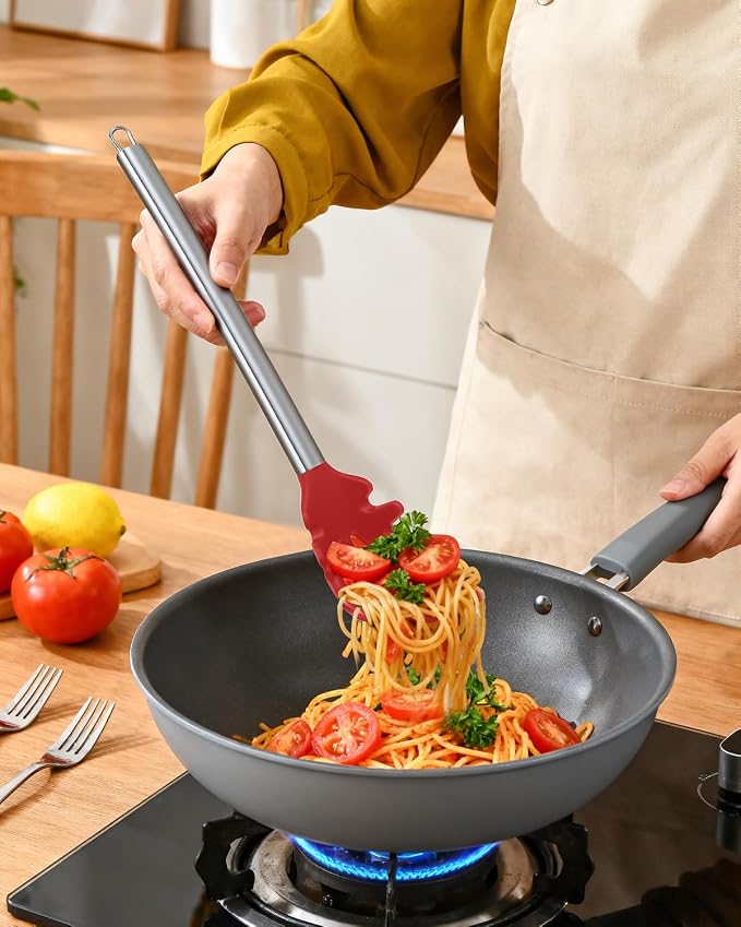 Spaghetti Spoon and Pasta Tong with Teeth and Drain Holes, 2-Piece Non-Stick Silicone Spoon Server Fork with Stainless Steel Handle, Kitchen Tong for Cooking, Serving, Salad and Noodles, Red