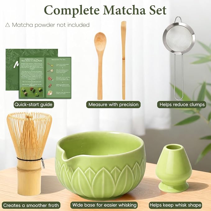Matcha Whisk Set, Ceramic Matcha Set Includes Bowl & Holder, Bamboo Whisk (Chasen), Scoop, Spoon and Sifter, 6Pcs Matcha Kit Covers Everything Needed for Making Matcha (Leaf Green)