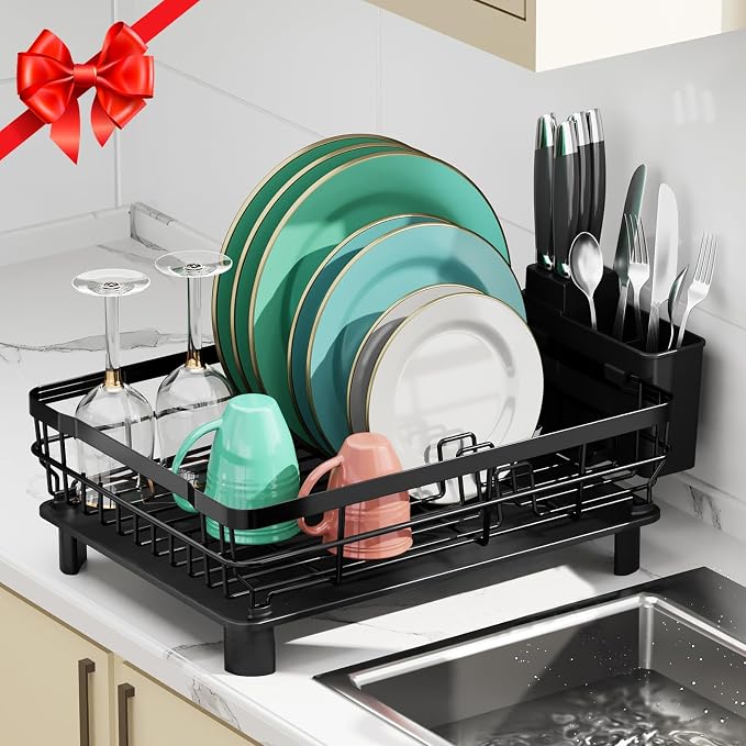MOUKABAL Dish Drying Rack with Drainboard for Kitchen Counter, Black | 13×17 Large Capacity/Rustproof Stainless Steel/Fast Drainage Dish Drainer/Removable Utensil Holder/Kitchen Counter Organizer