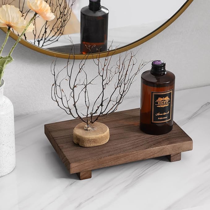 Wood Bathroom Tray Farmhouse Decor Kitchen Soap Holder, 9"x6" Walnut | Waterproof, Lightweight, Easy Clean, Small Wooden Riser Pedestal Stand Accessories for Office Desk, Vanity, Counter, Sink