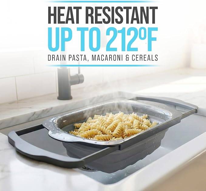 Comfify Gray Collapsible Silicone Over-Sink Colander – 6 Qt – Extendable | Gray; silicone; 17.1"L x 10.1"W; collapses to 1.4"H; 6 Qt; handles extend 25" to span sink; heat resistant 176F