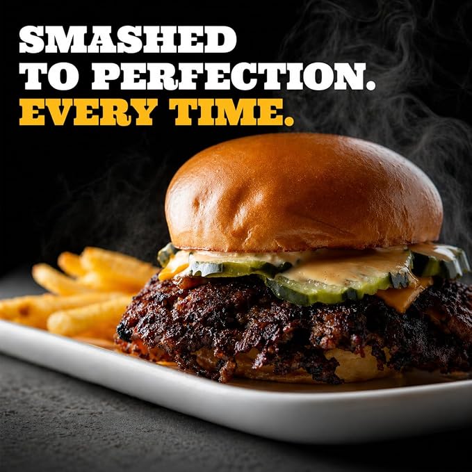 IAN's Smash Burger Press Kit - Cast Iron Burger Press (6.5 in), Smash Burger Spatula, Patty Pakers & Seasoning Shaker - Griddle, Flat Grill, Hibachi Accessories - Gifts for Dad