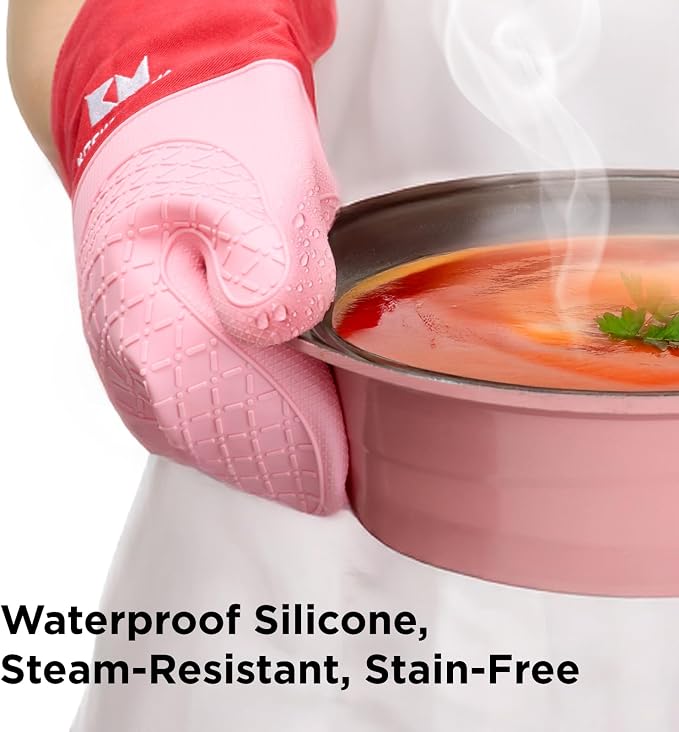 Kitchen Mama UltraShield Silicone Oven Mitts, Red | Heat Resistant, Non-Slip Surface, Waterproof, Flexible, Durable