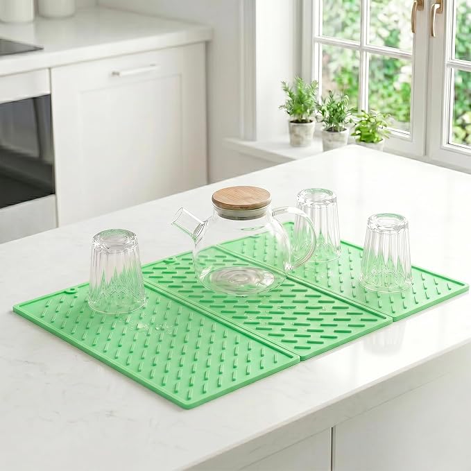 Green Silicone Dish Drying Mat for Kitchen Counter, Collapsible Trifold Large Dish Drainer Mat, Drying Mat with Hook, 24x16In Non-Slip Silicone Sink Mat, Easy to Clean