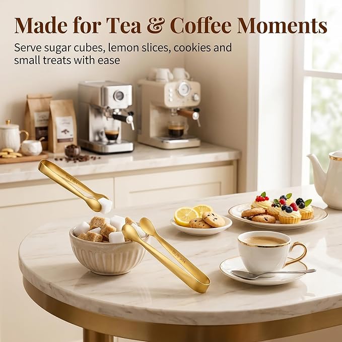 Mini Serving Tongs Set of 8, 4.25" Gold Stainless Steel Spoon Design | Perfect for Sugar Cubes, Charcuterie, Tea Parties, Dessert Bars, Candy Buffets. Elegant Multi-Station Serving for Events