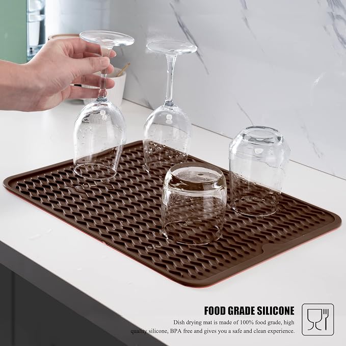 Silicone Dish Drying Mat, Non-Slip Easy Clean Sink Mat, Coffee, 14" x 11" | Quick-Dry Ridges, Large Heat-resistant Dish Drainer Mat for Kitchen Counter, Hangable & Roll-Up for Storage, Dishwasher Safe