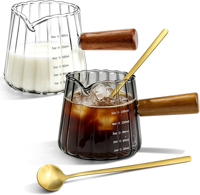 2 Pack Espresso Measuring Cups & 2 Spoons, 6oz Gray & Clear Borosilicate Glass Cups with Wood Handle, V-Shaped Spout Ribbed Milk Frothing Cup for Coffee, Latte, Cappuccino, Tea