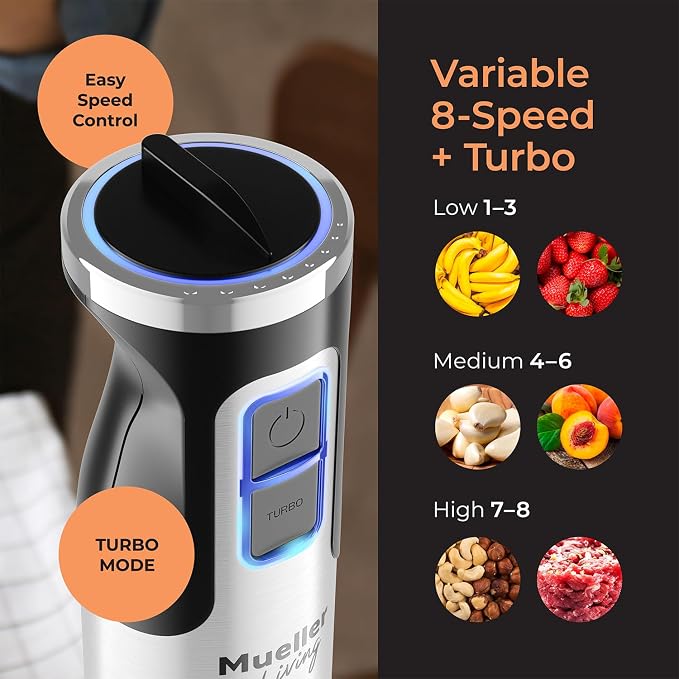 MuellerLiving Ultra-Stick Immersion Hand Blender, 500W Heavy Duty Motor, 8-Speed Turbo Setting, Includes Blending Shaft, Whisk, Milk Frother & Measuring Beaker | 500W Heavy Duty Motor | 8-Speed Turbo Setting | Includes Blending Shaft, Whisk, Milk Froth...