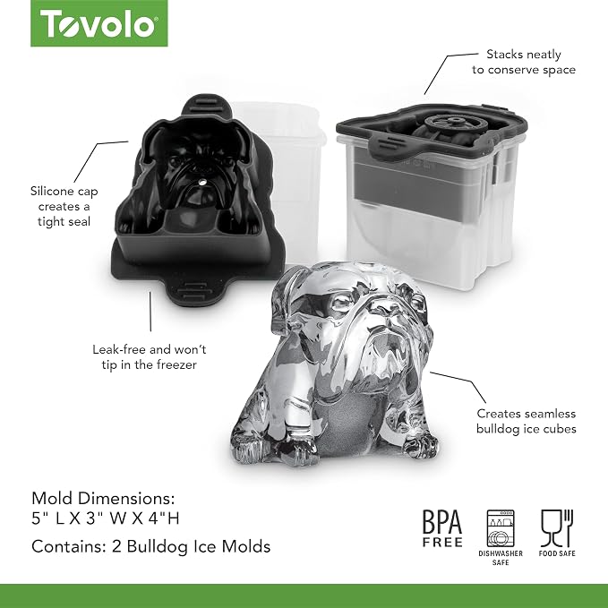 Tovolo Bulldog Ice Cube Mold Pack of 2 Craft Ice Cube Molds for Whiskey Bourbon Cocktails, Easy Fill Funny English Bull Dog Shaped Ice Cube Gifts for Bulldog Lovers, Dishwasher Safe BPA Free Silicone