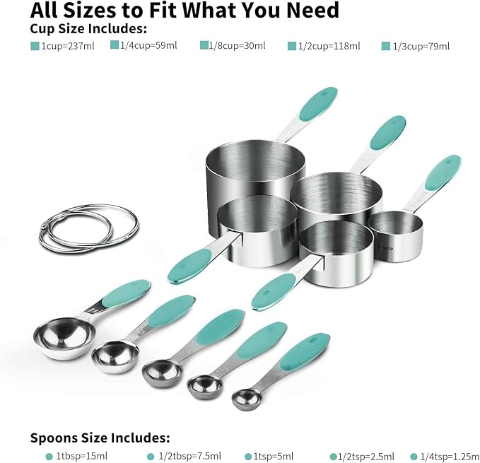 U-Taste Measuring Cups Spoons Set, 18/8 Stainless Steel, 10Pcs, Aqua Sky | Upgraded Thickened Handle, Reinforced Welded Joints, Nested Stackable Design, Metal Measure Set for Kitchen Baking Cooking